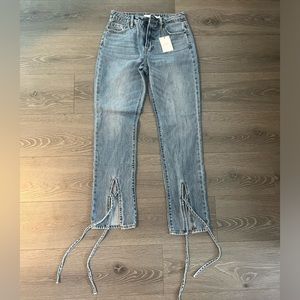 Hidden Tract High-Waisted Straight Jeans with Tie